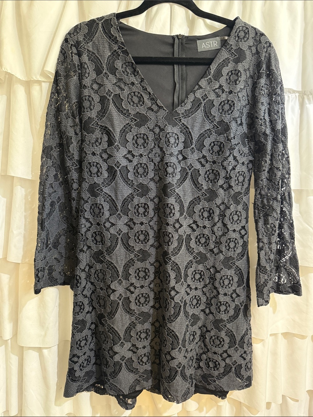 Astr Black Floral Lace Long Sleeve V-Neck Dress